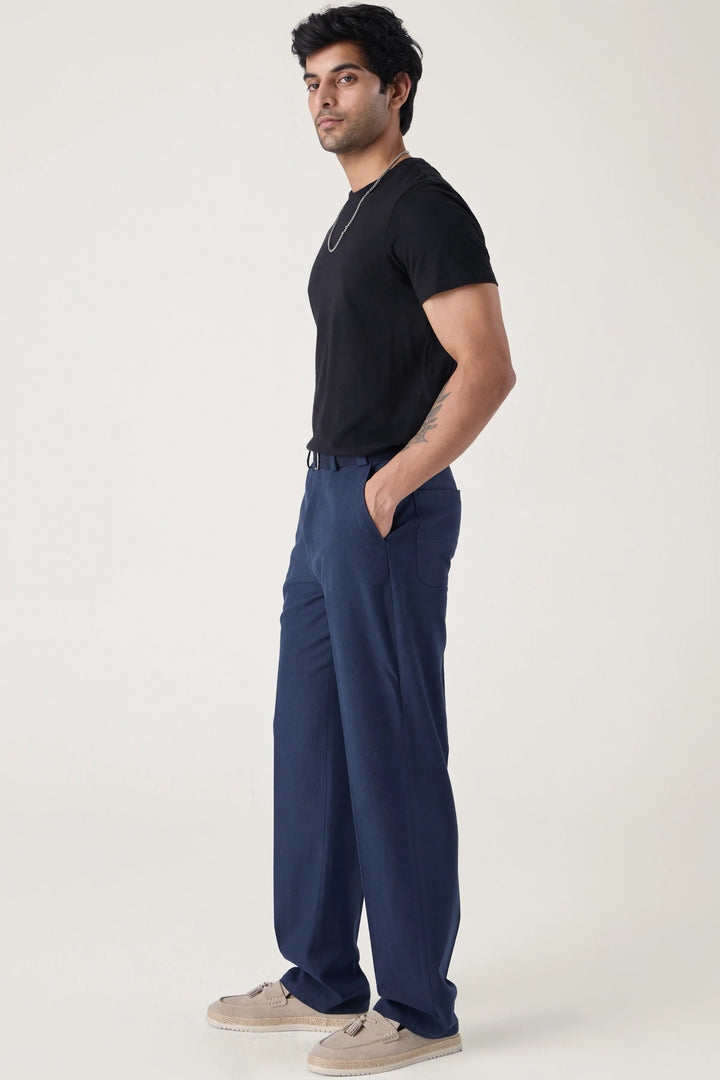 SELF FABRIC BELT TROUSERS NAVY - CRAIG