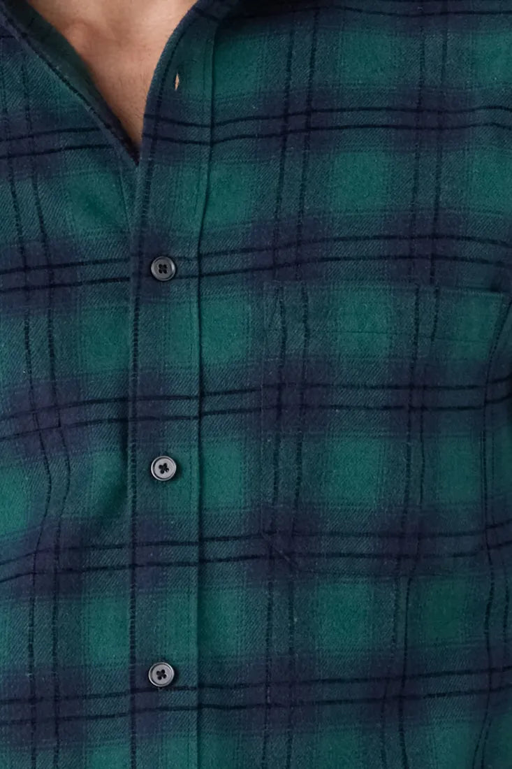 GREEN BRUSHED COTTON CHECK SHIRT