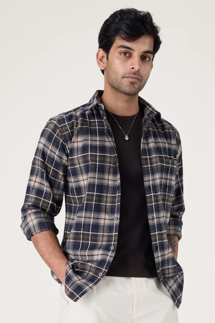 NAVY BRUSHED COTTON CHECK SHIRT