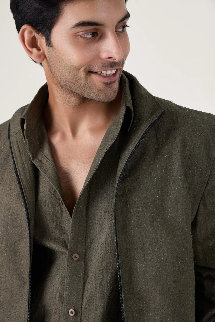 OLIVE TEXTURE COTTON JACKET - CRAIG