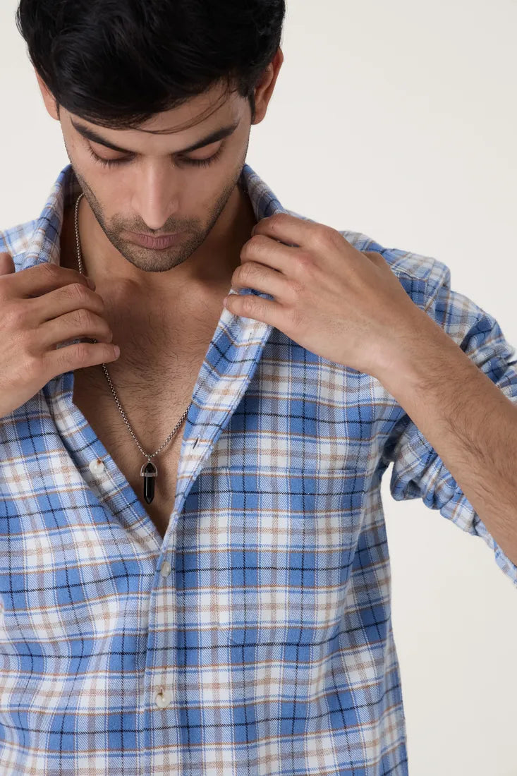 BLUE CHECK BRUSHED COTTON SHIRT
