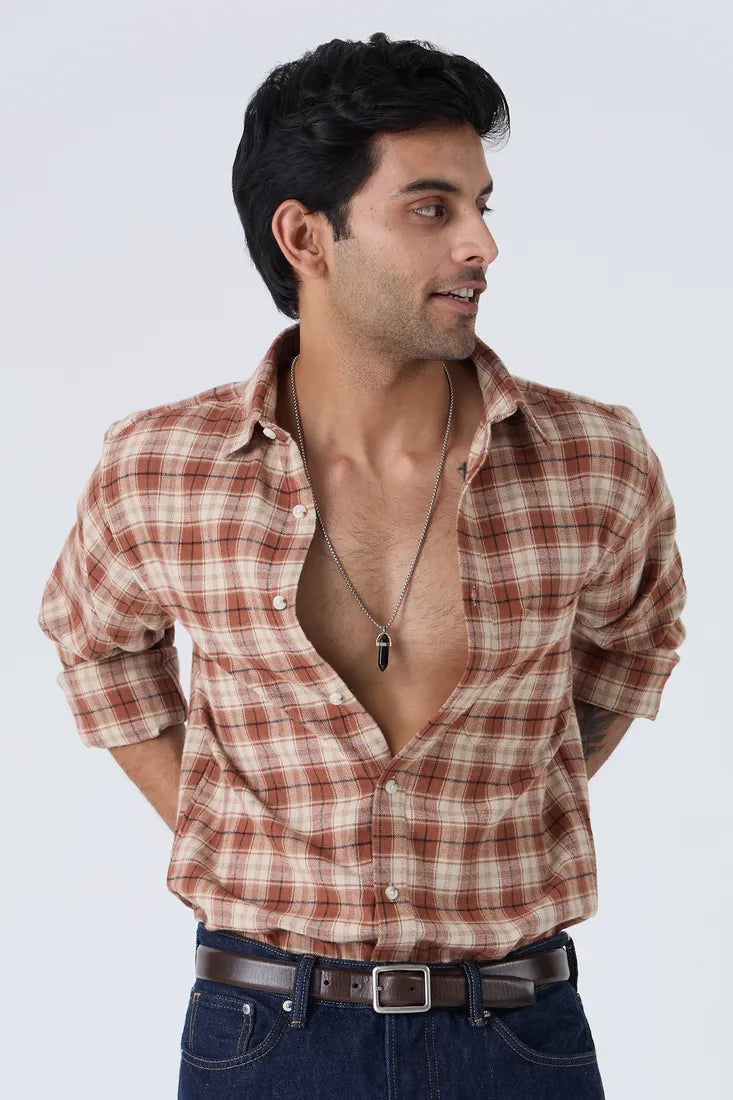 TAN CHECK BRUSHED COTTON SHIRT