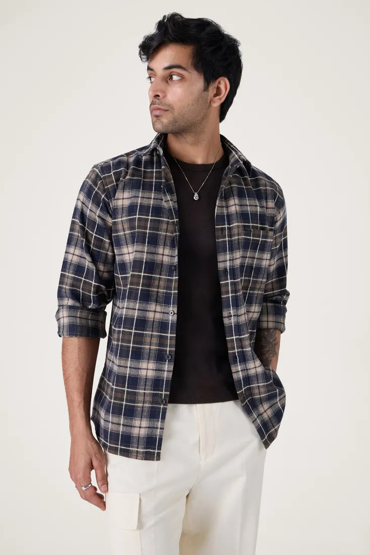 NAVY BRUSHED COTTON CHECK SHIRT