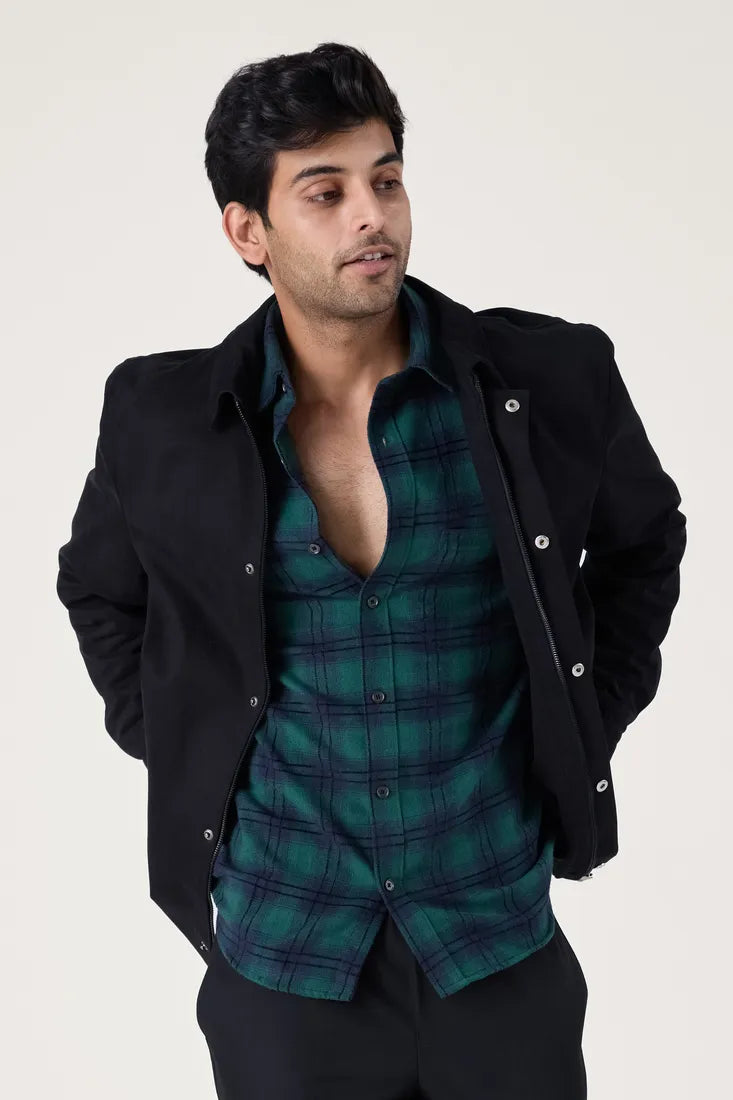GREEN BRUSHED COTTON CHECK SHIRT