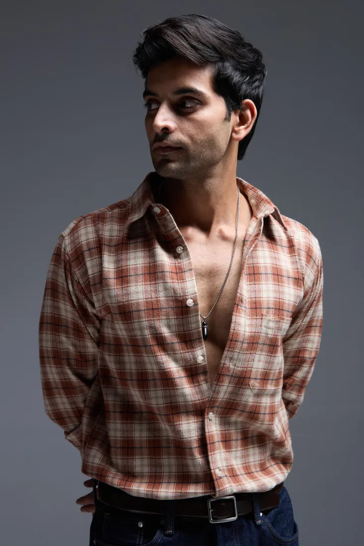 TAN CHECK BRUSHED COTTON SHIRT