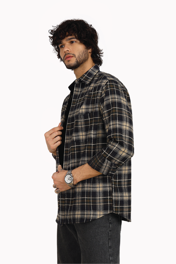 NAVY BRUSHED COTTON CHECK SHIRT