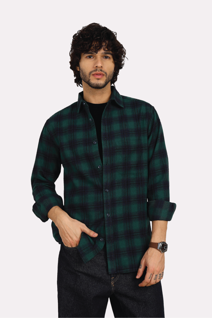 GREEN BRUSHED COTTON CHECK SHIRT