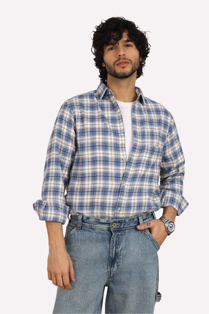 BLUE CHECK BRUSHED COTTON SHIRT