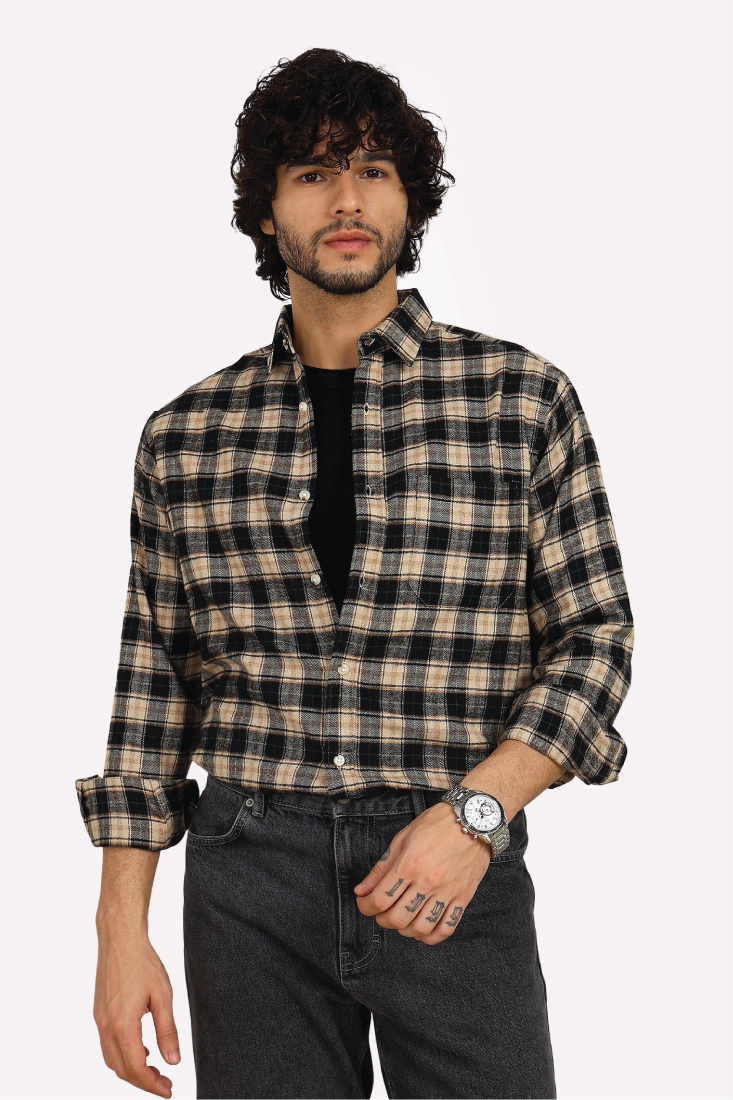 BLACK CHECK BRUSHED COTTON SHIRT