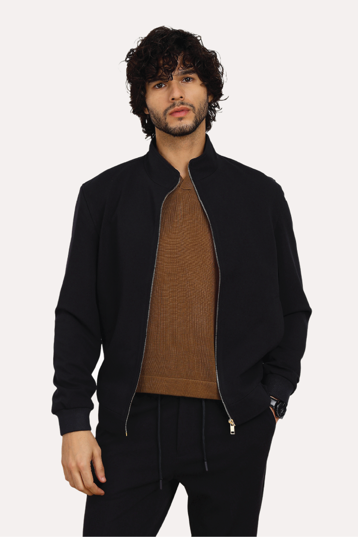 NAVY KNIT CONTRAST BOMBER