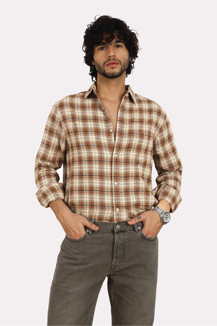 TAN CHECK BRUSHED COTTON SHIRT