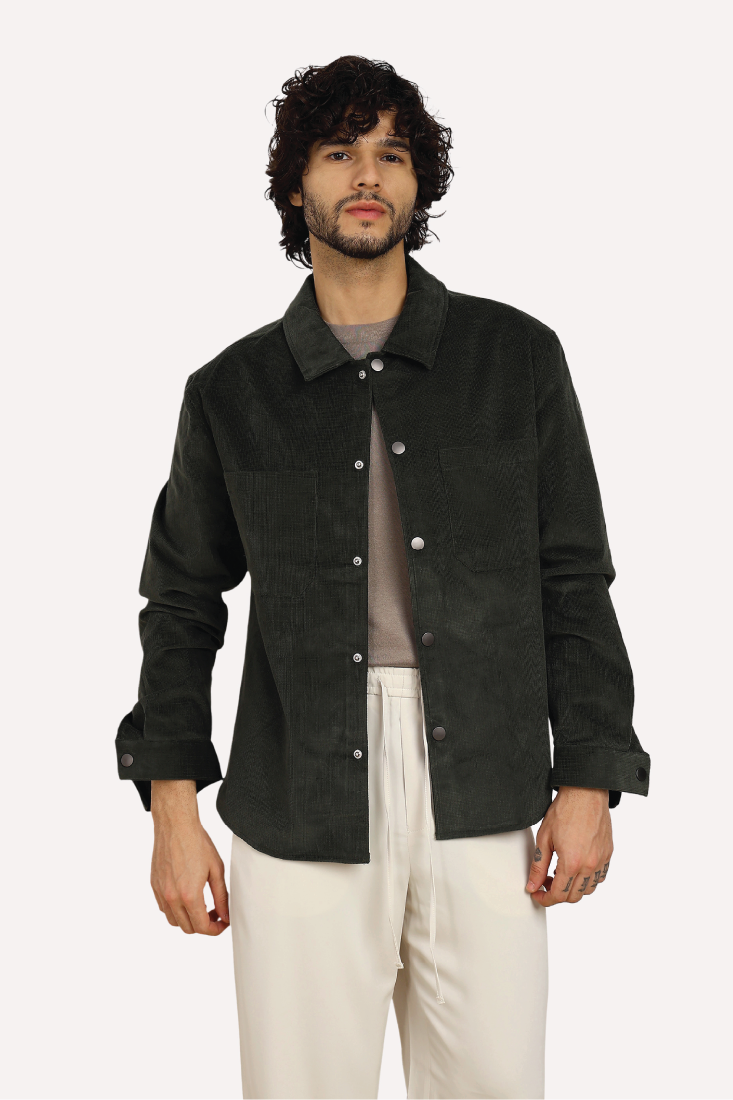 OLIVE COTTON TEXTURE OVERSHIRT