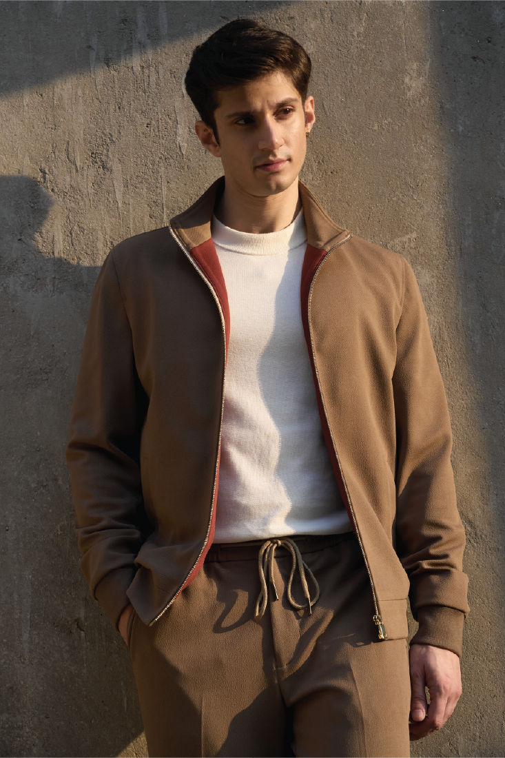 BEIGE KNIT CONTRAST BOMBER