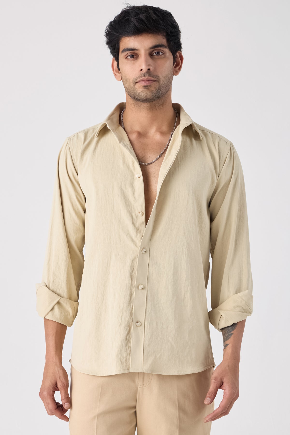 BEIGE CREASED COTTON SHIRT