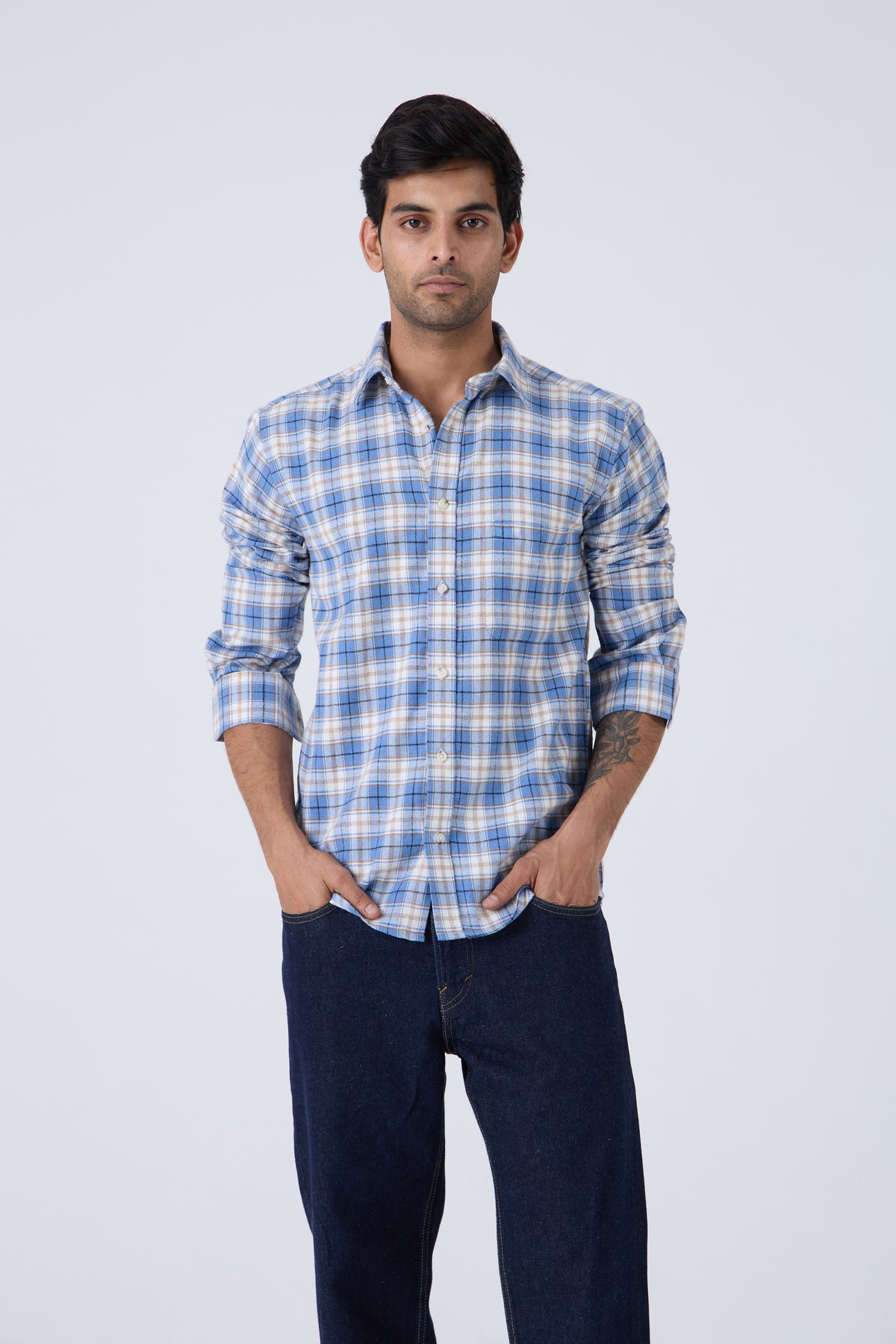 BLUE WINTER CHECK BRUSHED COTTON SHIRT