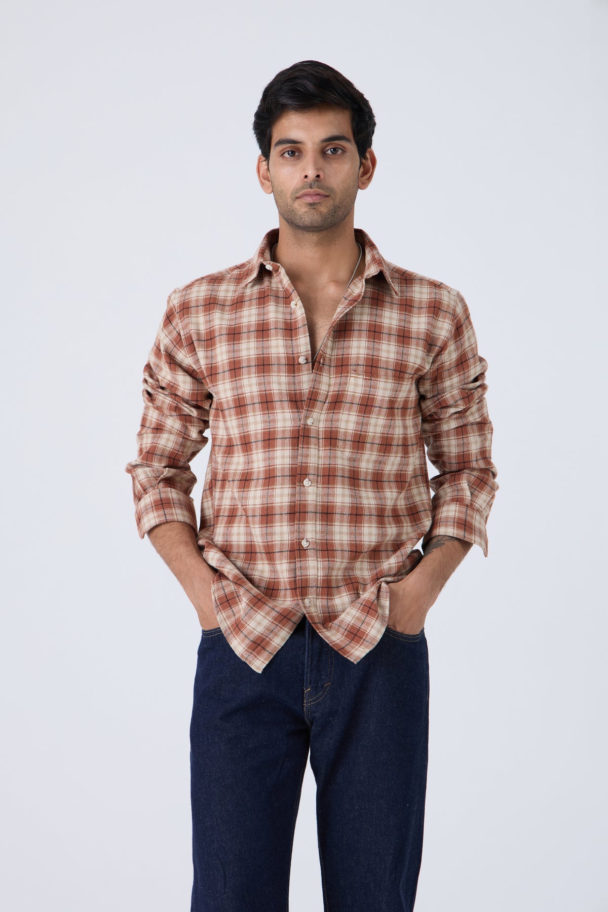 TAN WINTER CHECK BRUSHED COTTON SHIRT