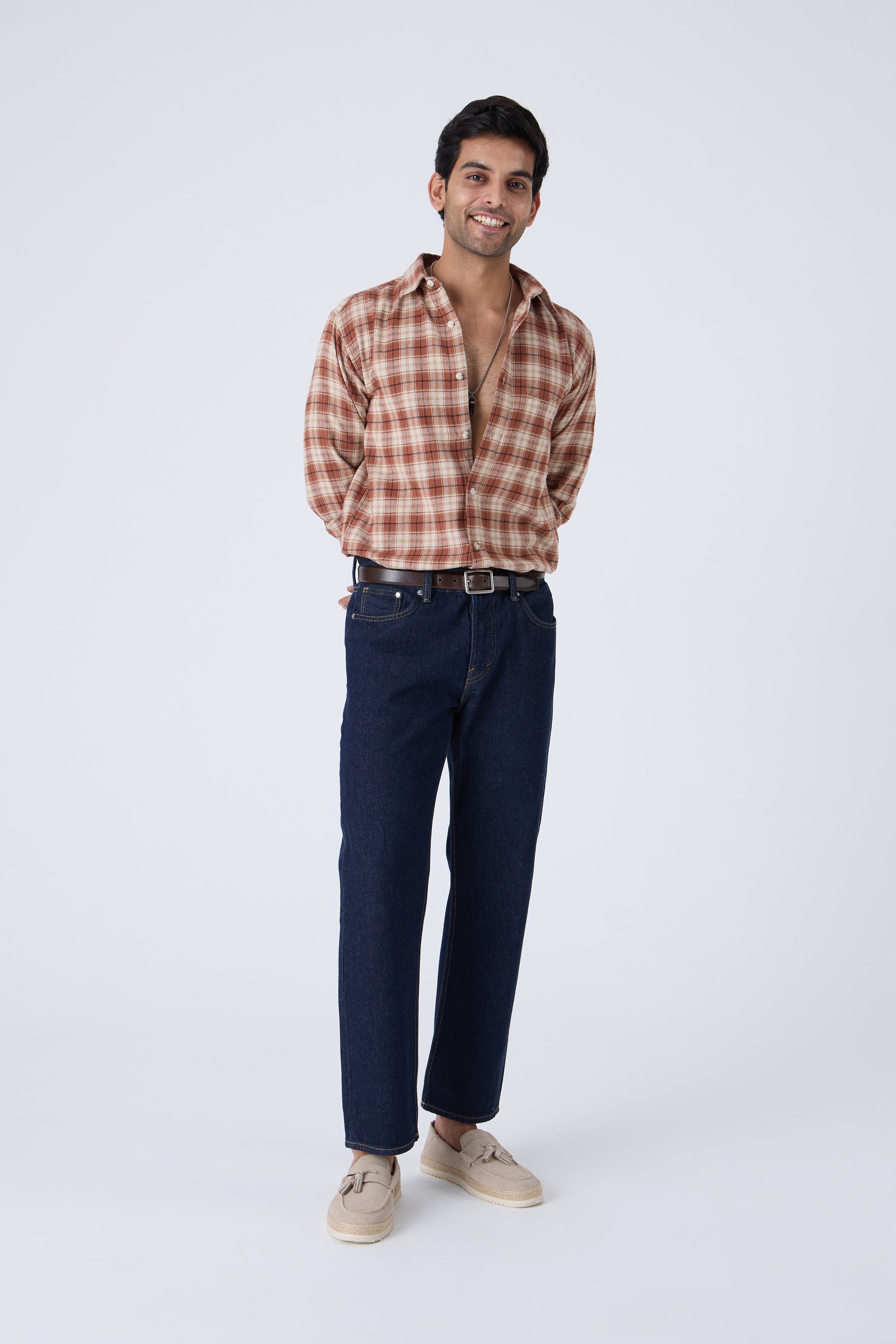 TAN WINTER CHECK BRUSHED COTTON SHIRT