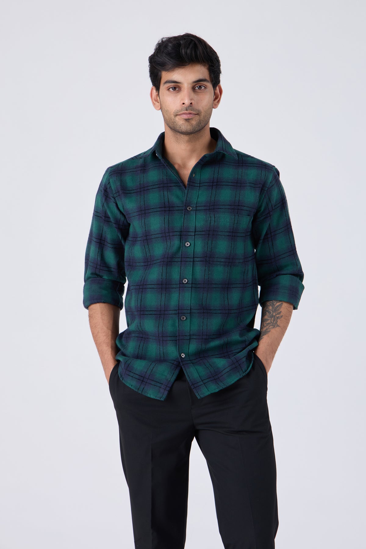 GREEN BRUSHED COTTON CHECK SHIRT