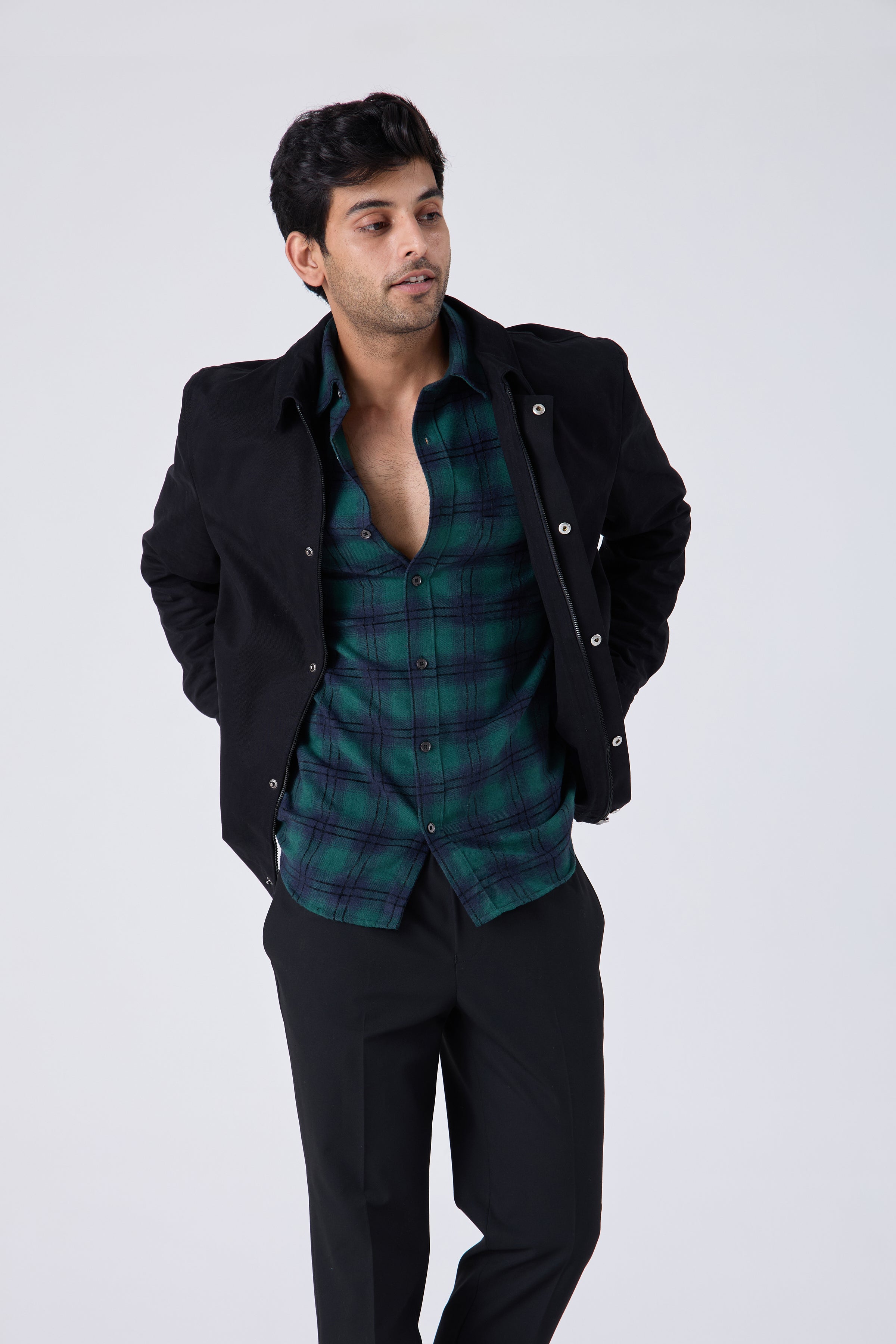 GREEN BRUSHED COTTON CHECK SHIRT