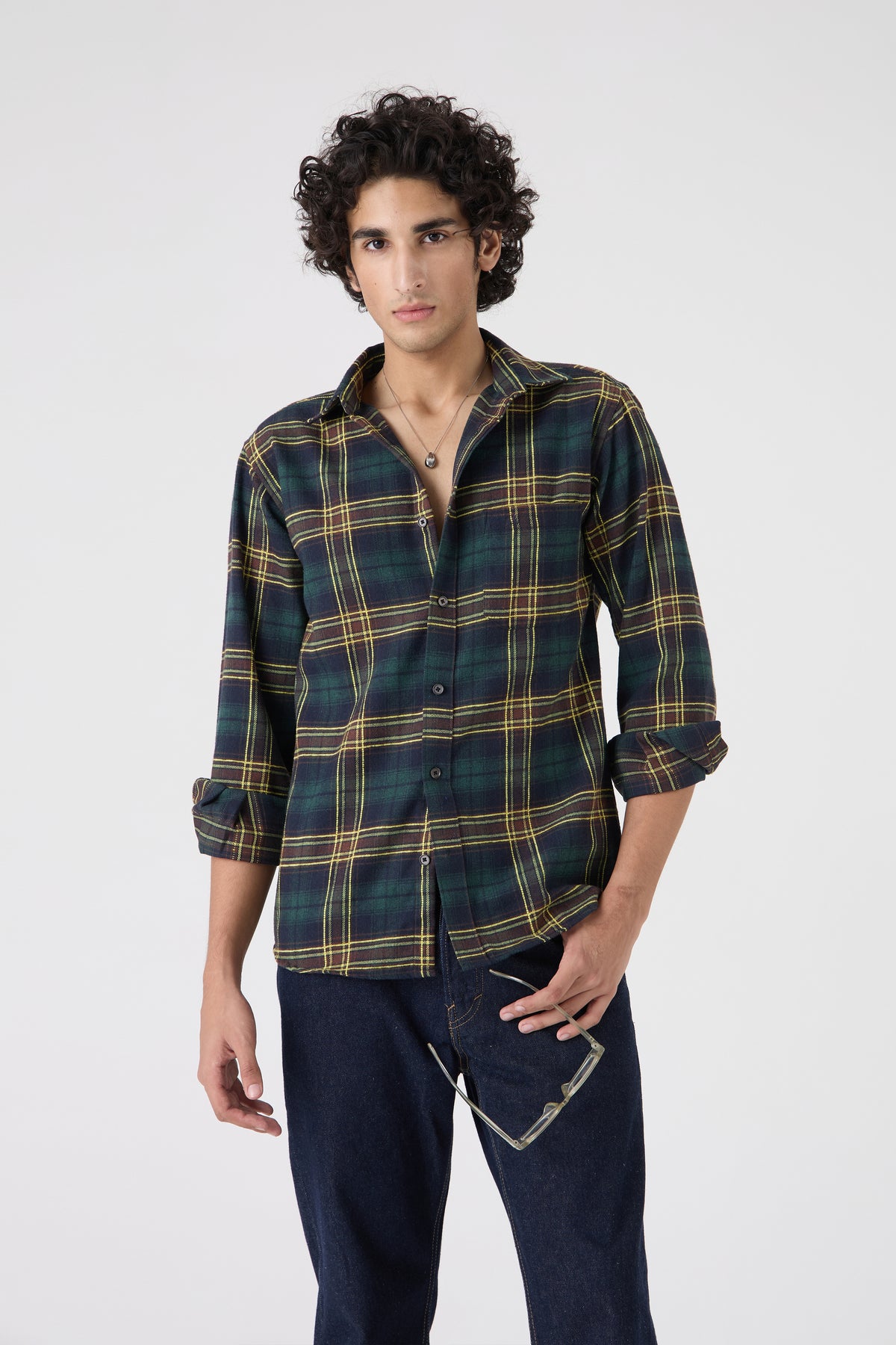 GREEN YELLOW BRUSHED COTTON CHECK SHIRT