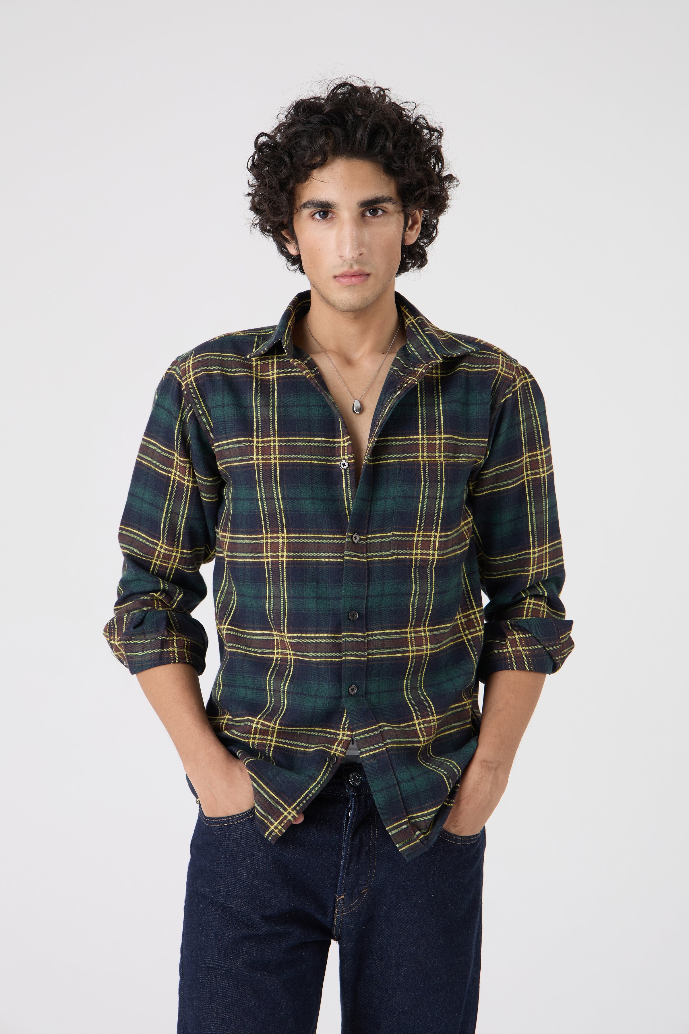 GREEN YELLOW BRUSHED COTTON CHECK SHIRT