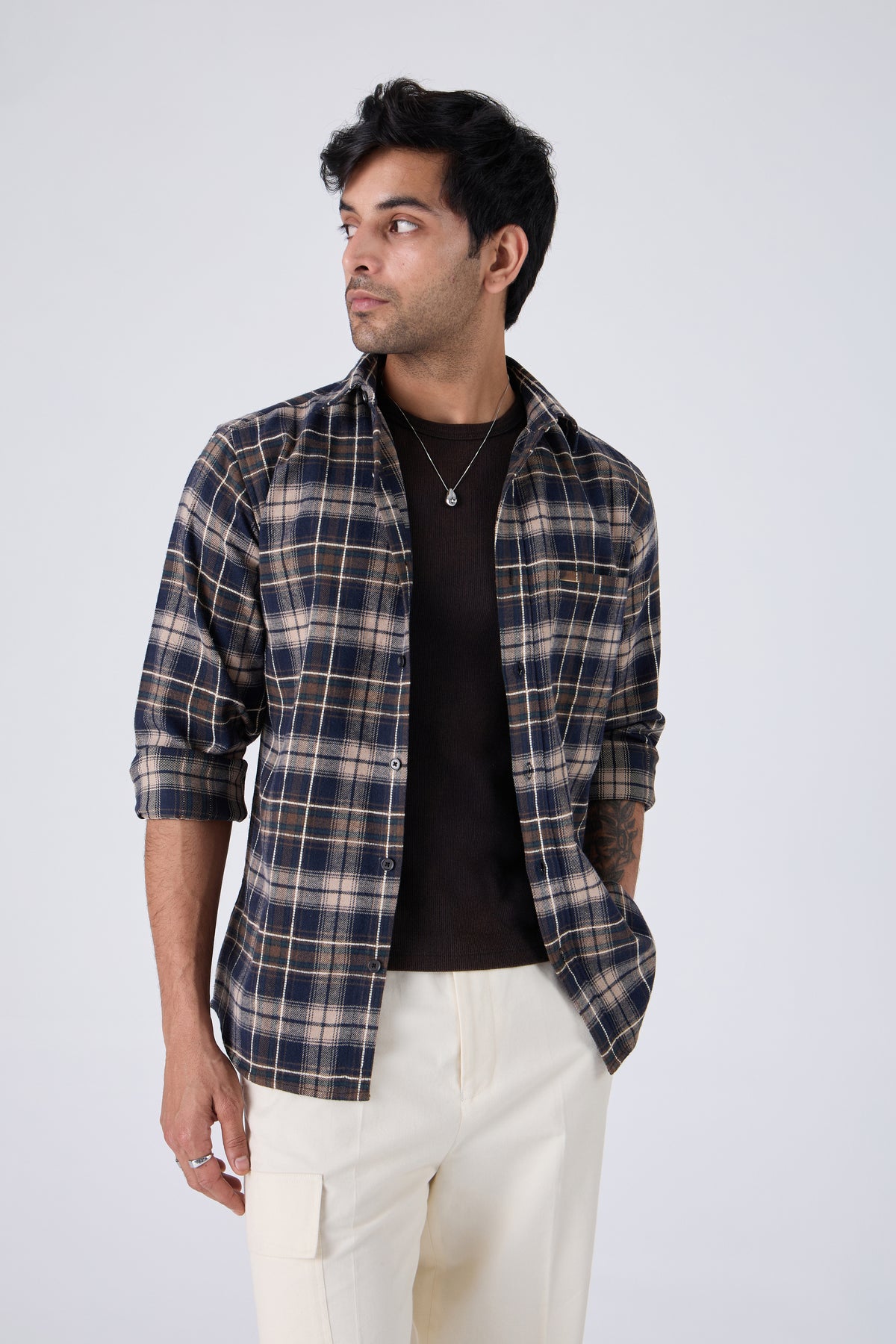 NAVY BRUSHED COTTON CHECK SHIRT