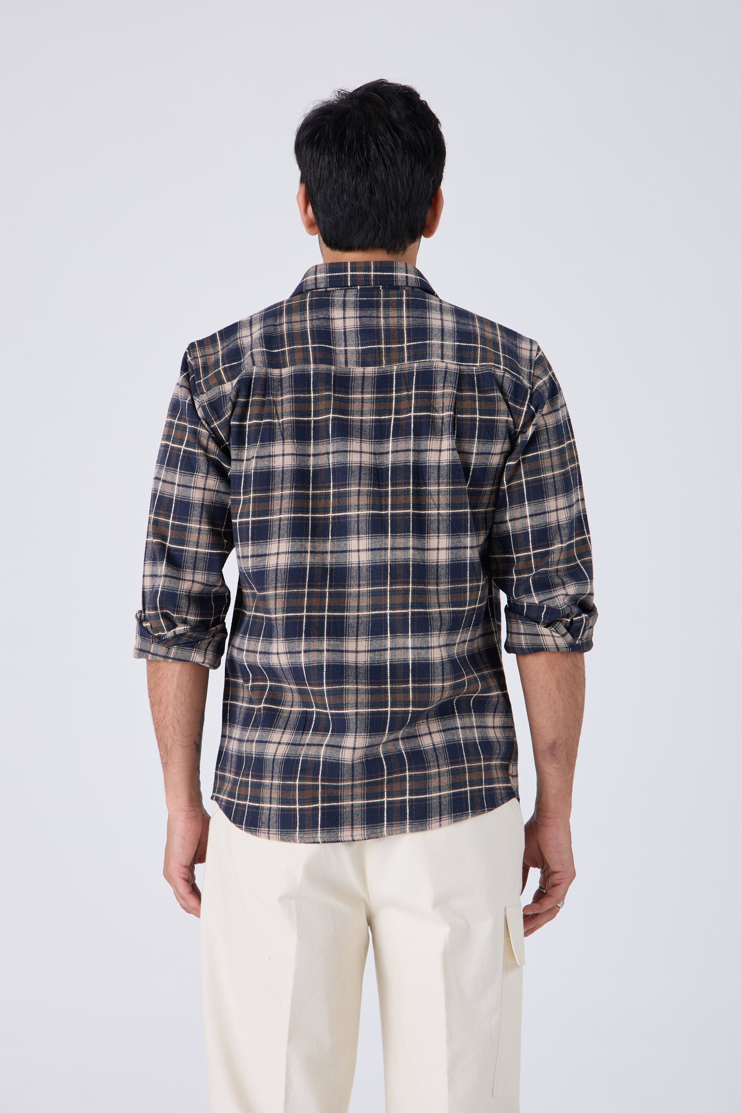 NAVY BRUSHED COTTON CHECK SHIRT