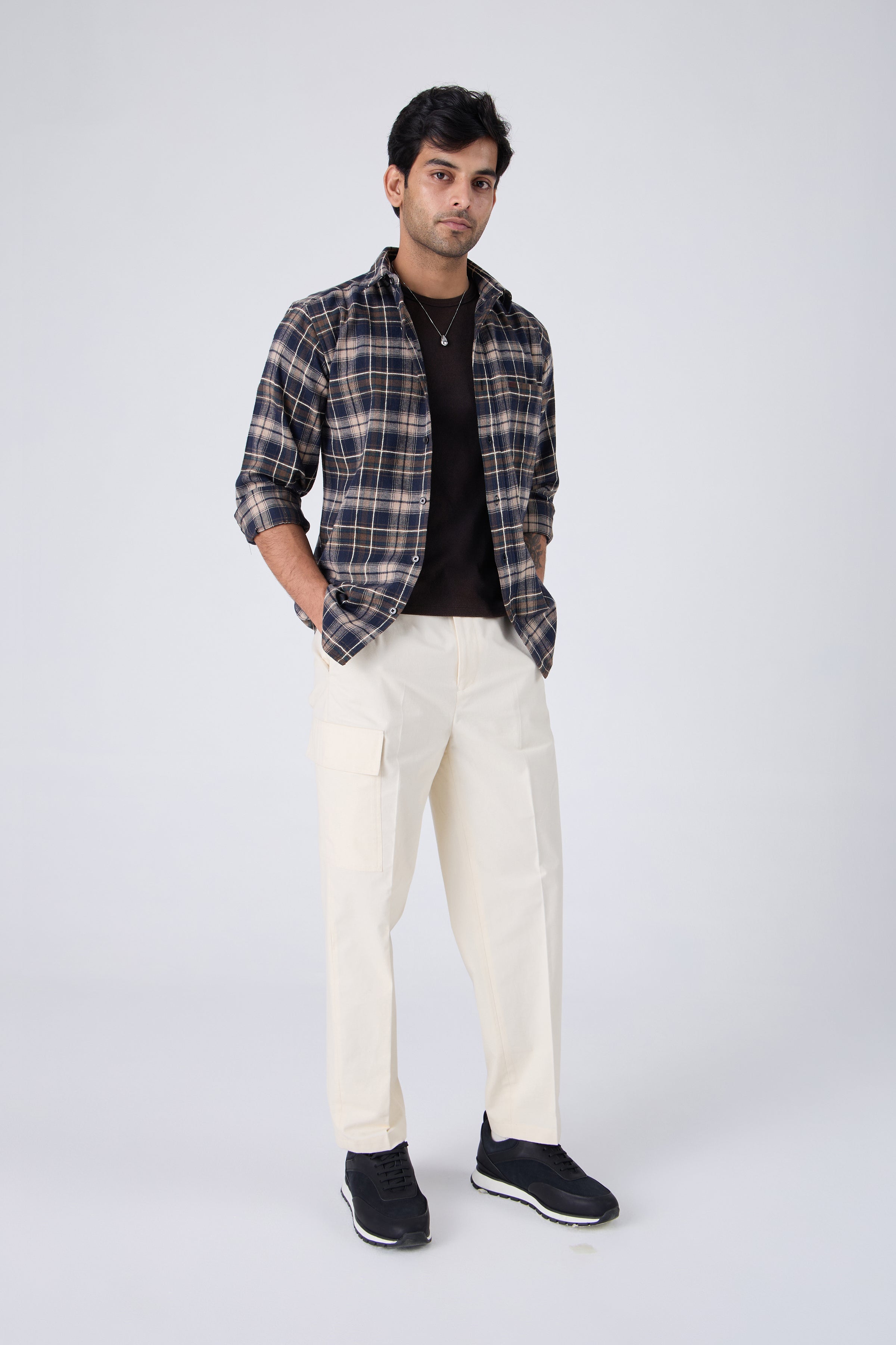 NAVY BRUSHED COTTON CHECK SHIRT