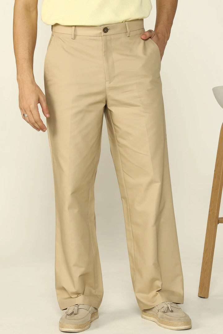 WIDE FIT COTTON TROUSERS BEIGE - CRAIG