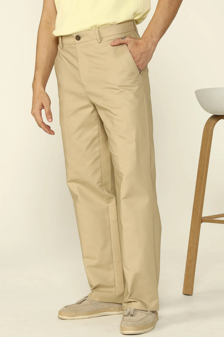 WIDE FIT COTTON TROUSERS BEIGE - CRAIG