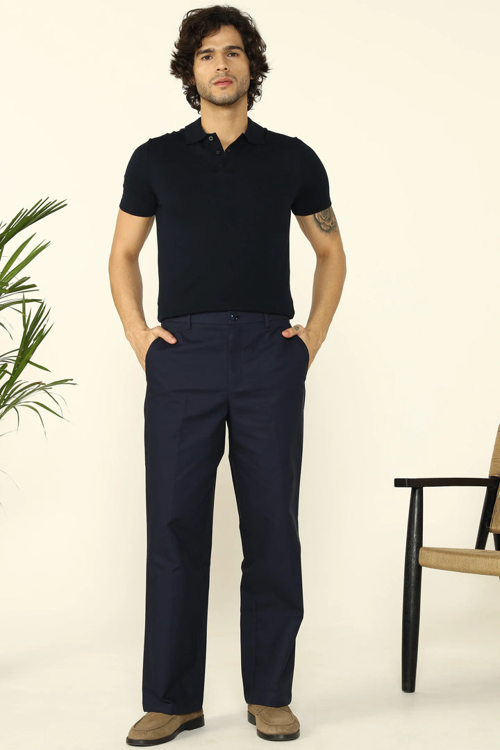 WIDE FIT COTTON TROUSERS NAVY - CRAIG